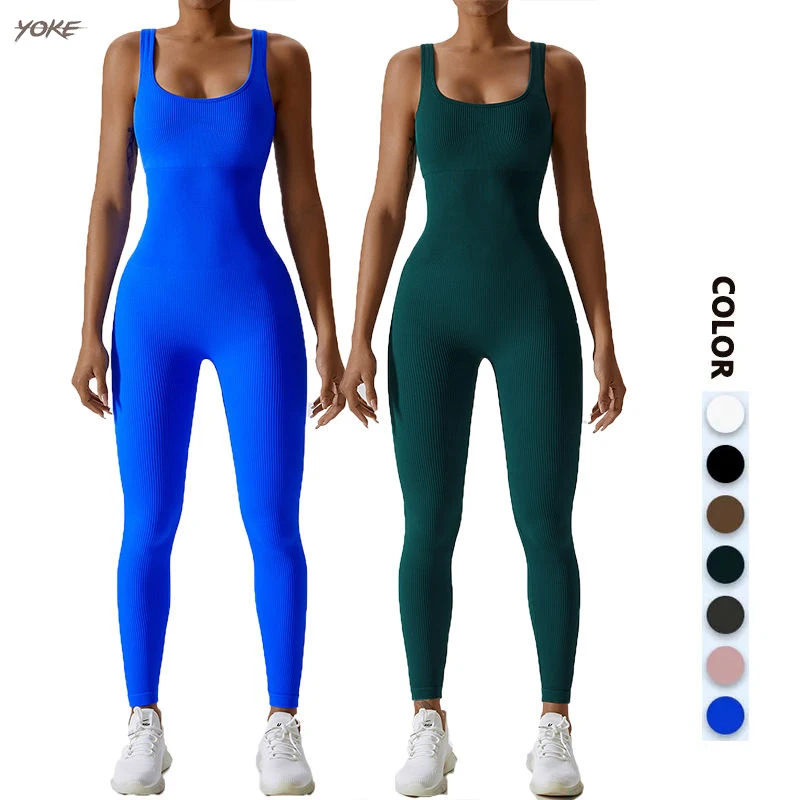 Yoke Slim-fitting Workout Exercise Tummy Control Jumpsuit Stretch Ribbed Seamless One Piece Sportswear For Outdoor Activities