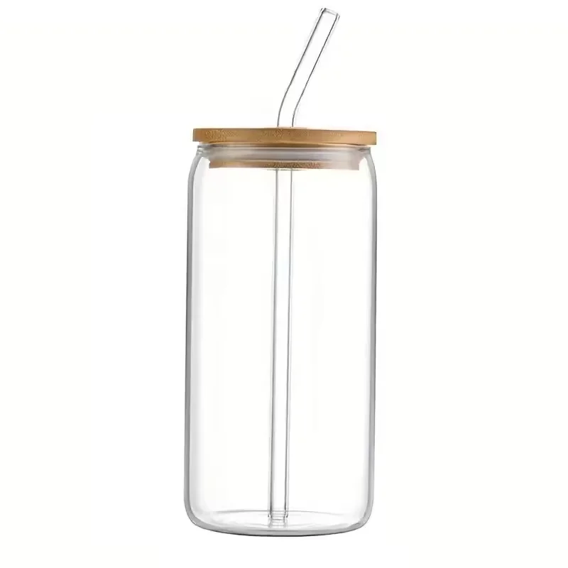High borosilicate glass transparent cup with  bamboo wood lid and glass straw for drink kitchen food  tea coffee wine