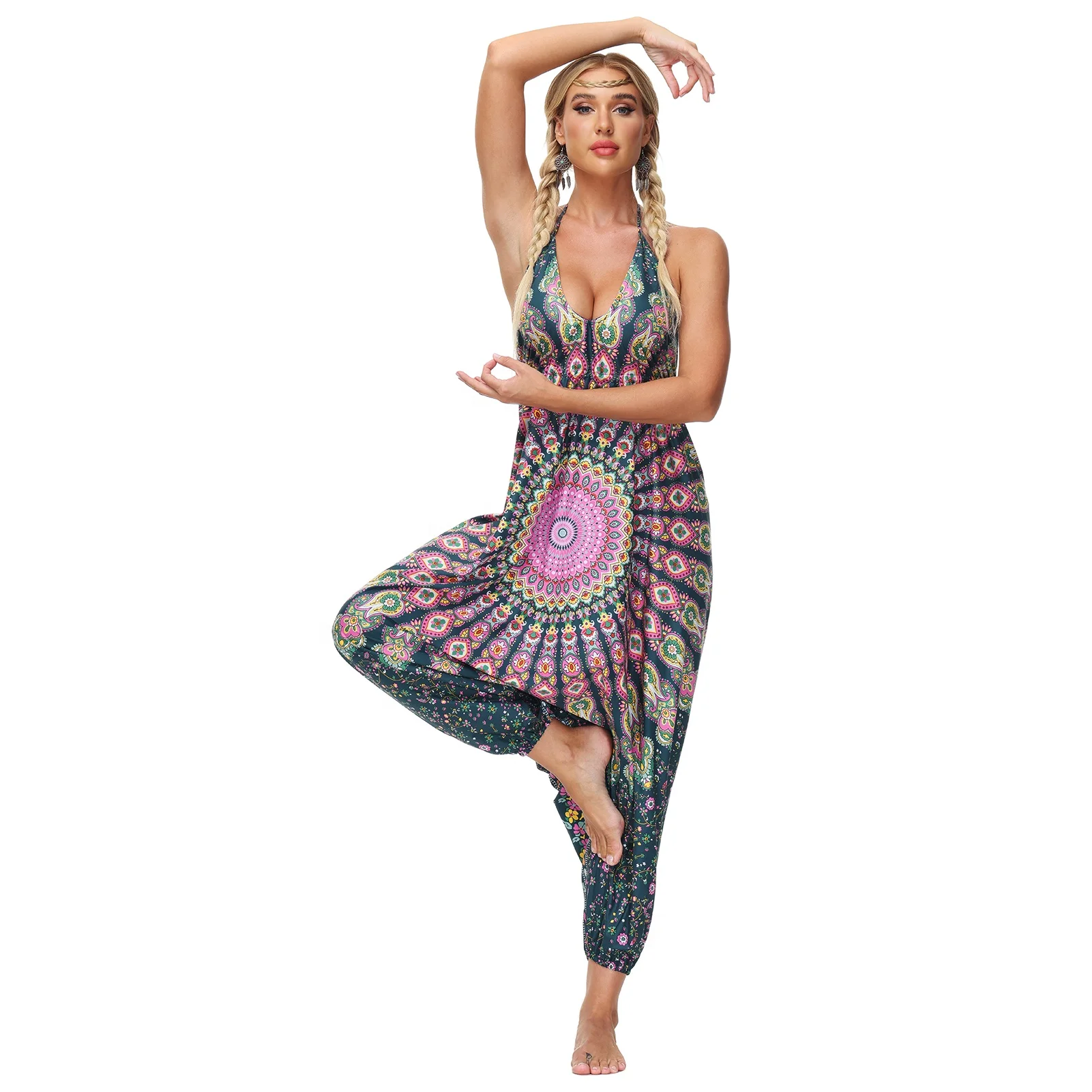 The Latest style loose ankle Spaghetti strap Backless hollow out Lace up Sleeveless female sexy womens rompers and jumpsuit