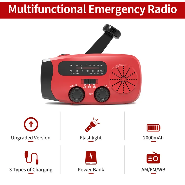 Red Emerncy Power Warning Solar Crank Bank Radio AM/FM Handheld Flashlight