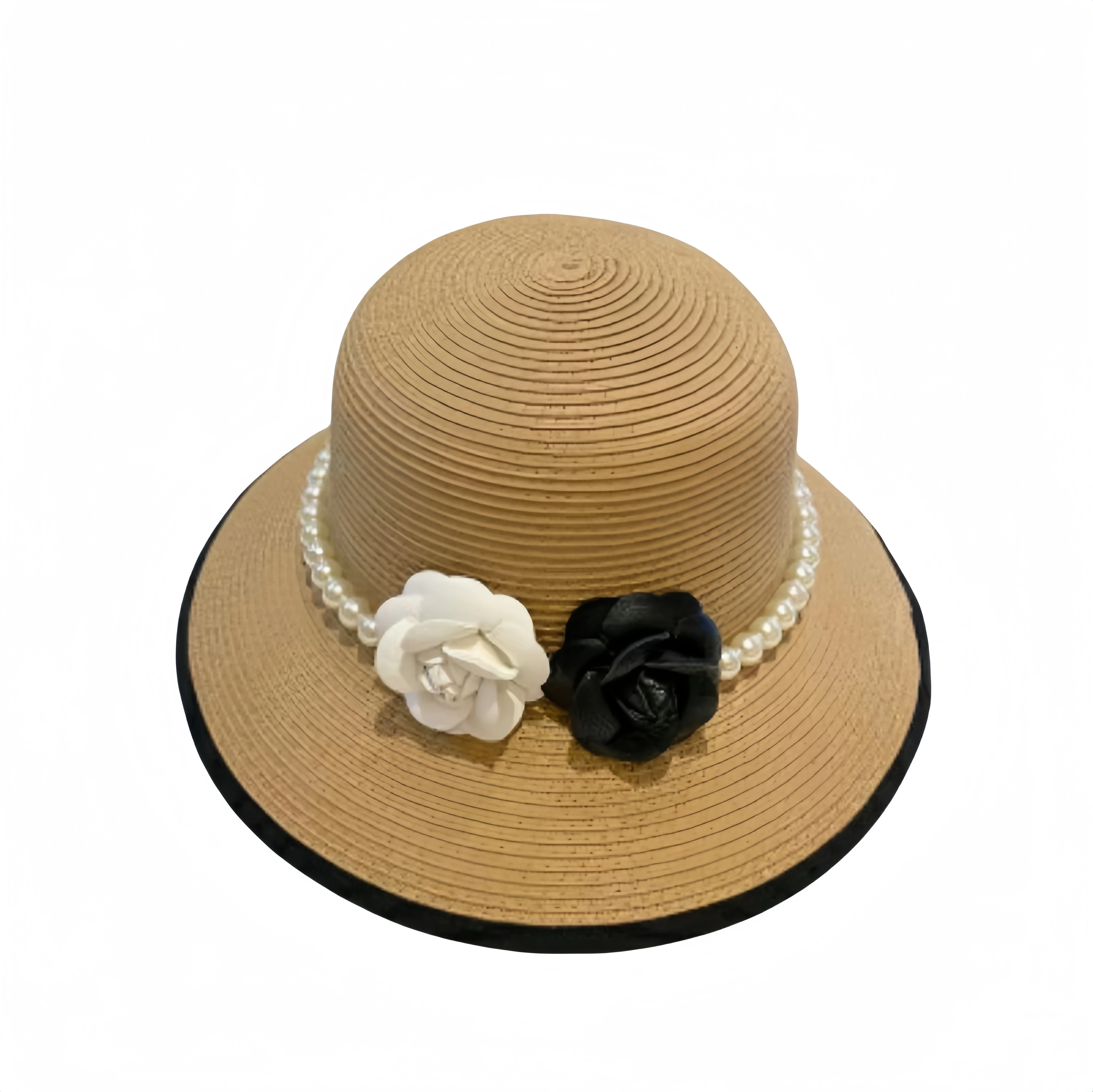 Wholesale Spring and Summer Fashion Women Dress Vintage Sun Hat Black and White Camellia Pearl Wide Rim Bowler Hat Church Hat