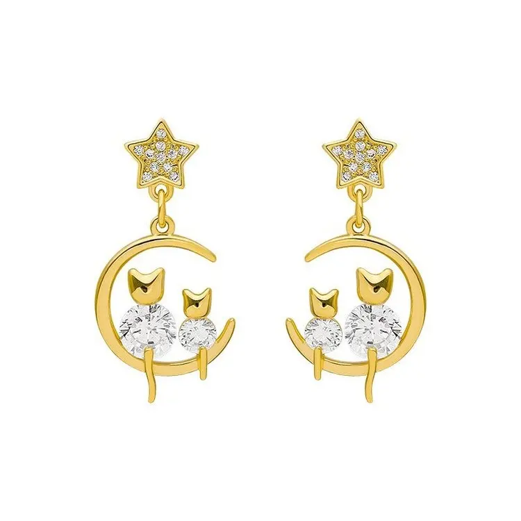 Slovehoony S925 Sterling Sliver Moon And Cute Cat Mother Child Gold Plated Huggies Kitties Jewelry Earrings Elegant For Women