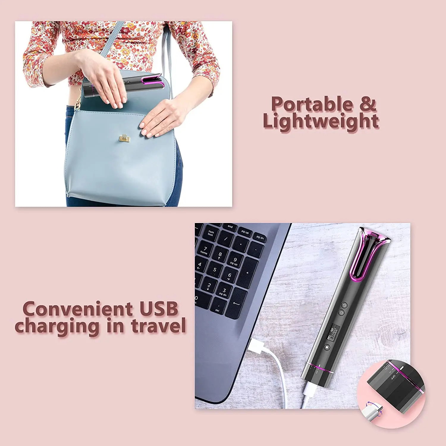 Portable Curling Wand Pro Hair Curl Curler Spinning Automatic Cordless Hair Curler Hair Curling Iron