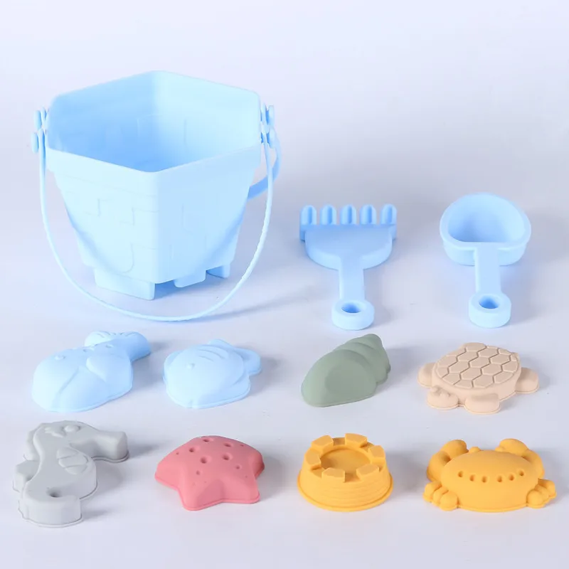 New Design 11PCS Silicone Baby Beach Toys Hexagon Bucket Playing Sandbox For Summer Seaside Digging Toy