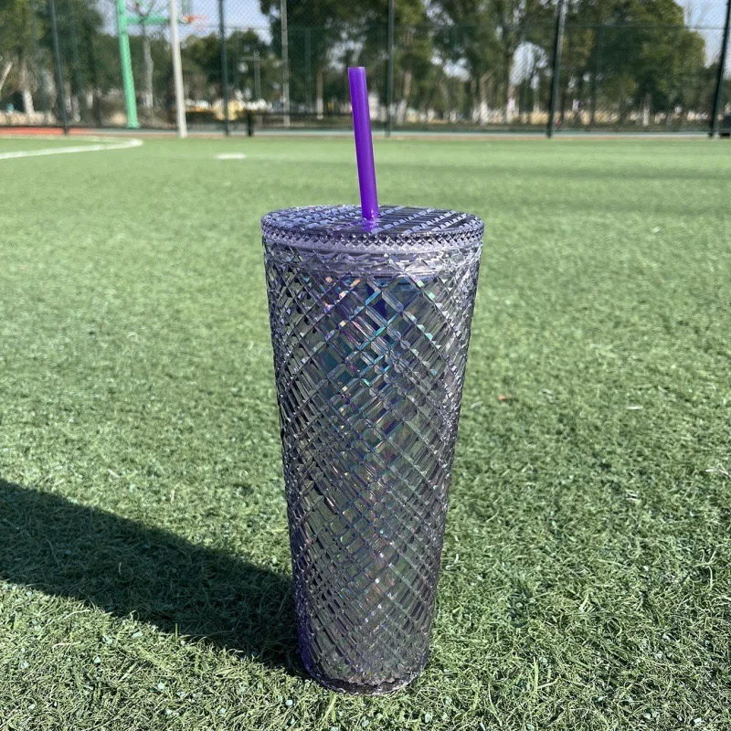 Portable Rivet Plastic Grid Studded Tumbler Durian Drinking Cup with Lid and Straw