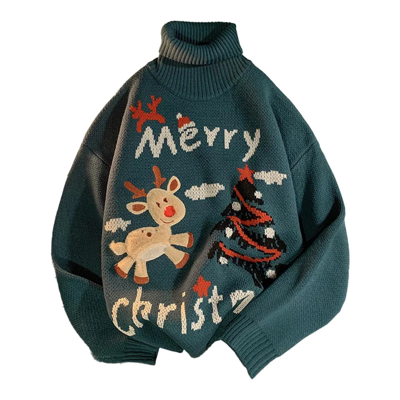 Black Friday Custom Logo Xmas Tree Deer Elk Jacquard Knitted Turtleneck Pullover Ugly Christmas Sweater Plus Size Men