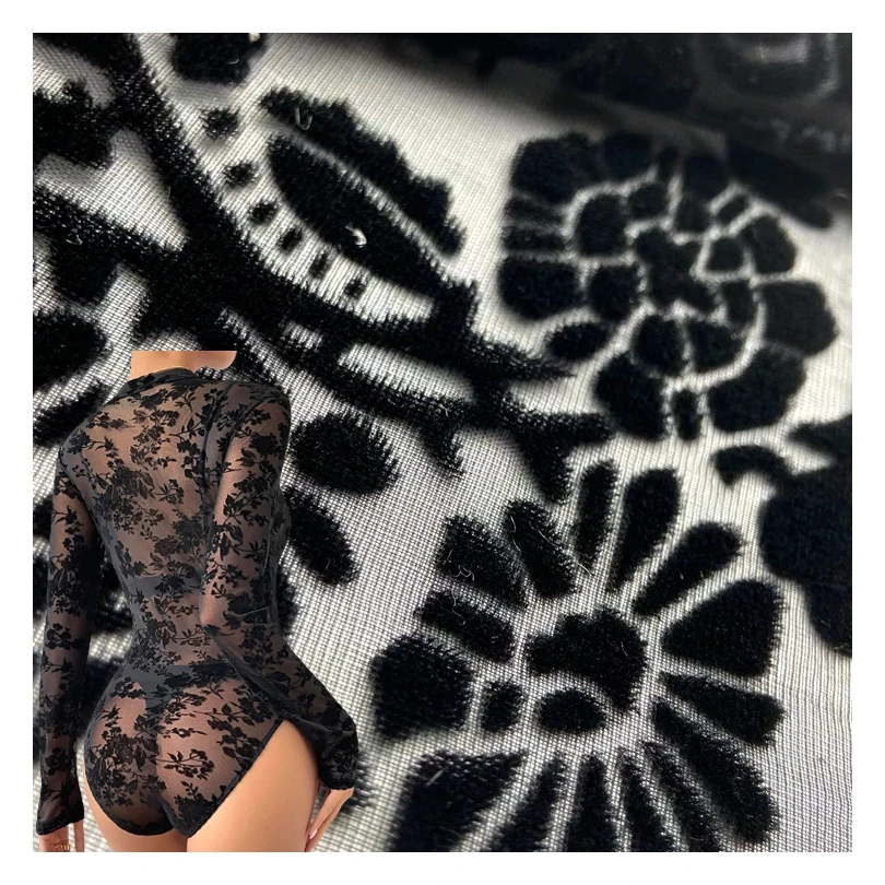 Classic burnout 80% rayon 20% nylon knitted black flower velvet burn out mesh fabric for lady dress