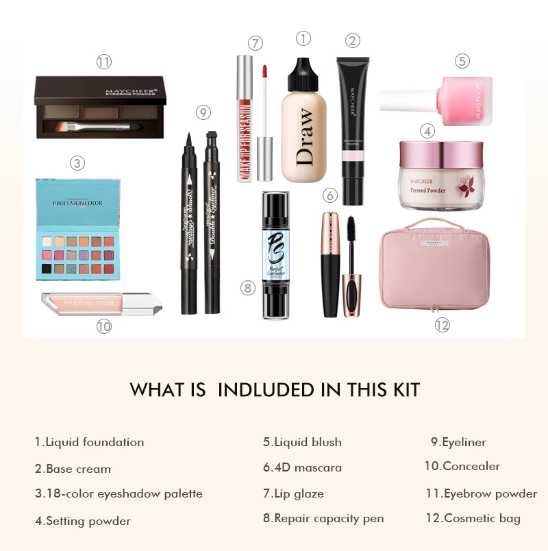  Hot-selling high-quality 12-piece makeup set including setting powder concealer lipstick eye shadow mascara beginner