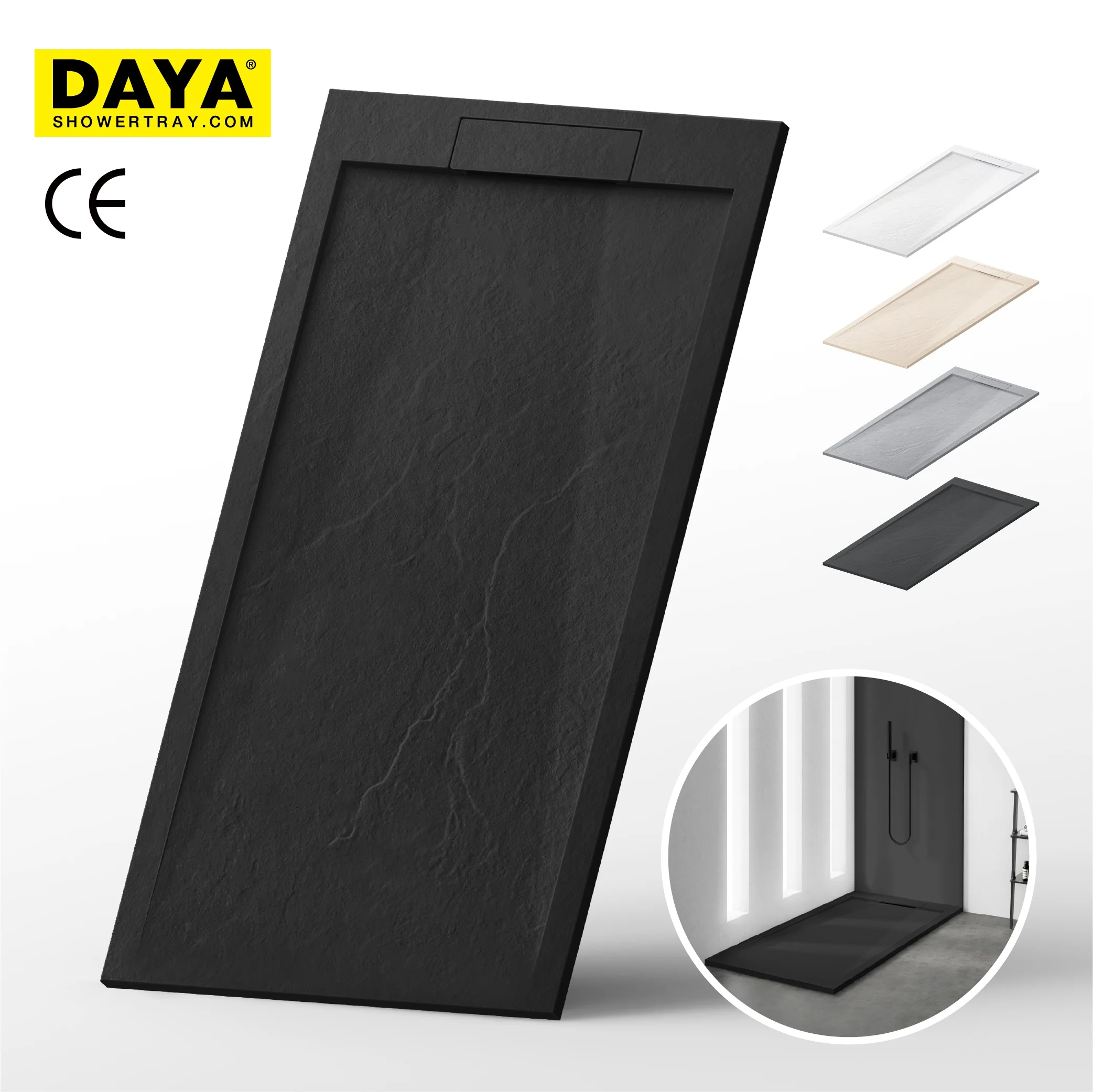 New and hot SMC artificial stone black standard various sizes anti-slip stone texture resin pan shower base trays