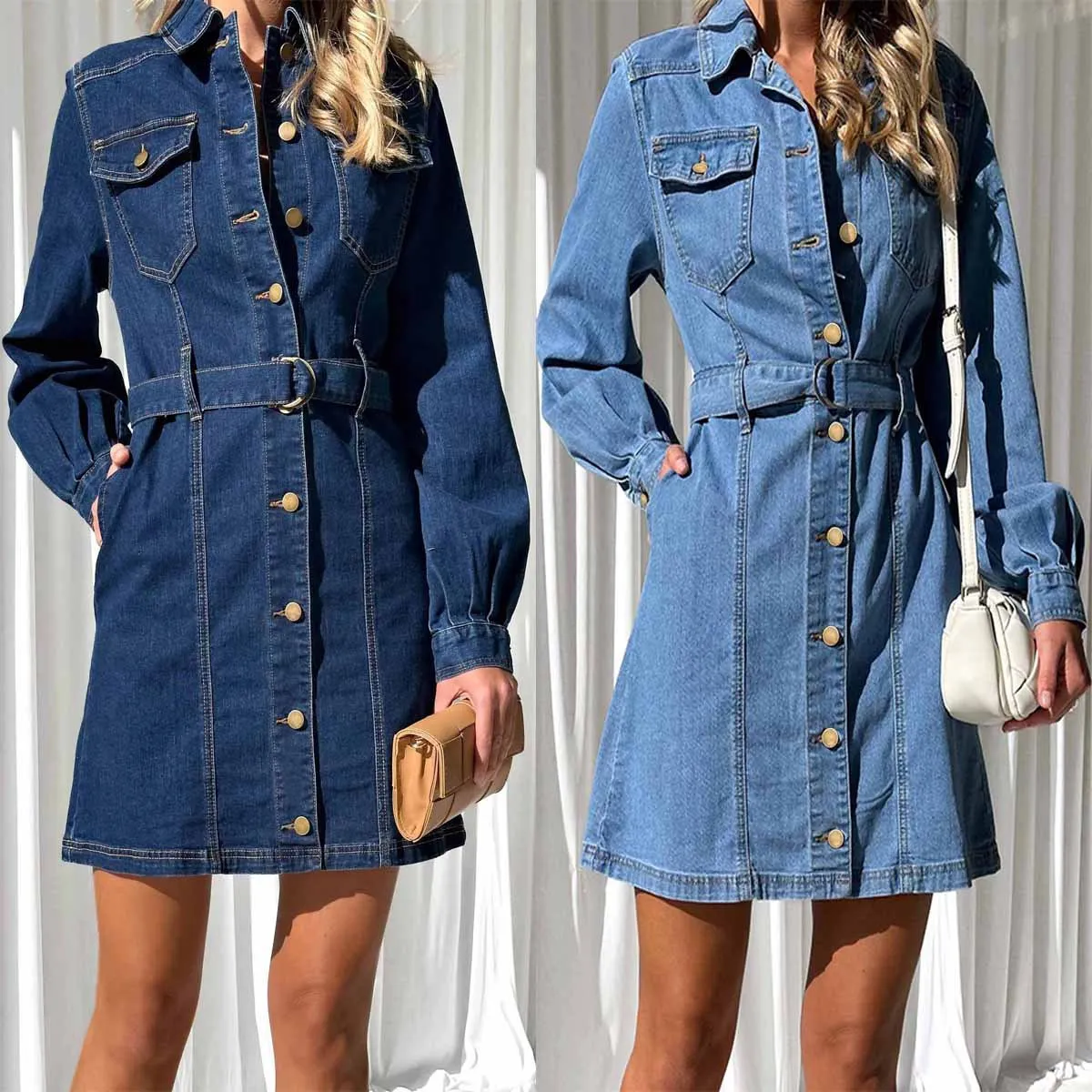 2024 Europe and America Fashionable casual button tie slim long-sleeved denim dress women