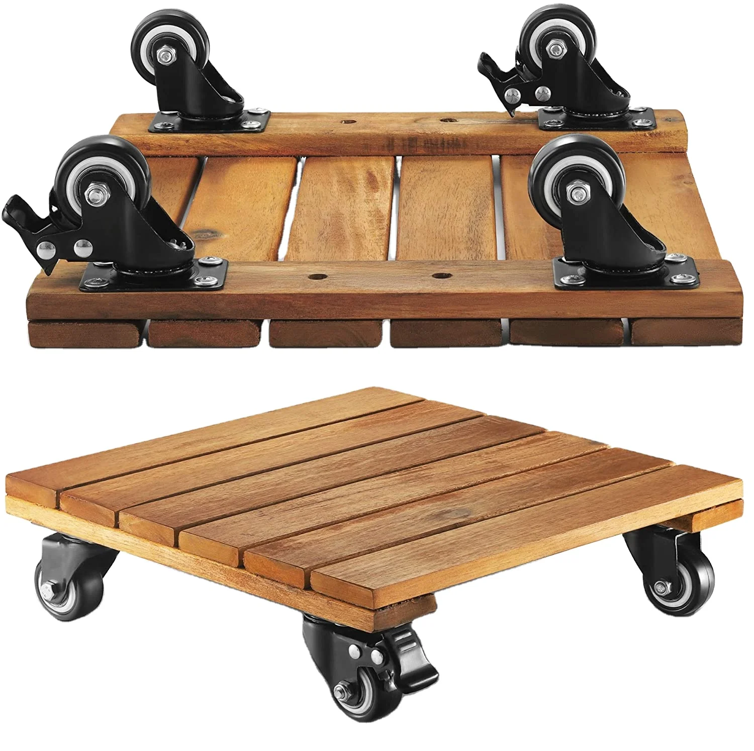 12 inches Square Plant Roller  Wood Plant stand  with 4 Metal Lockable Caster Wheels