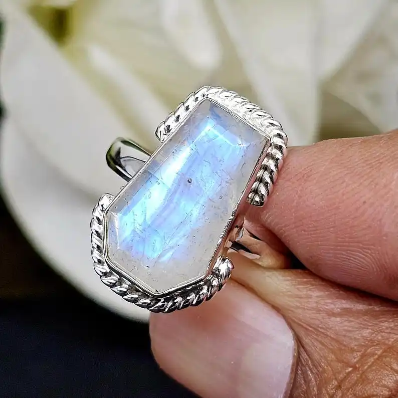 Rainbow Moonstone Coffin Ring 925 Sterling Silver Ring Women Rainbow Moonstone  June Birthstone Ring Coffin Gemstone