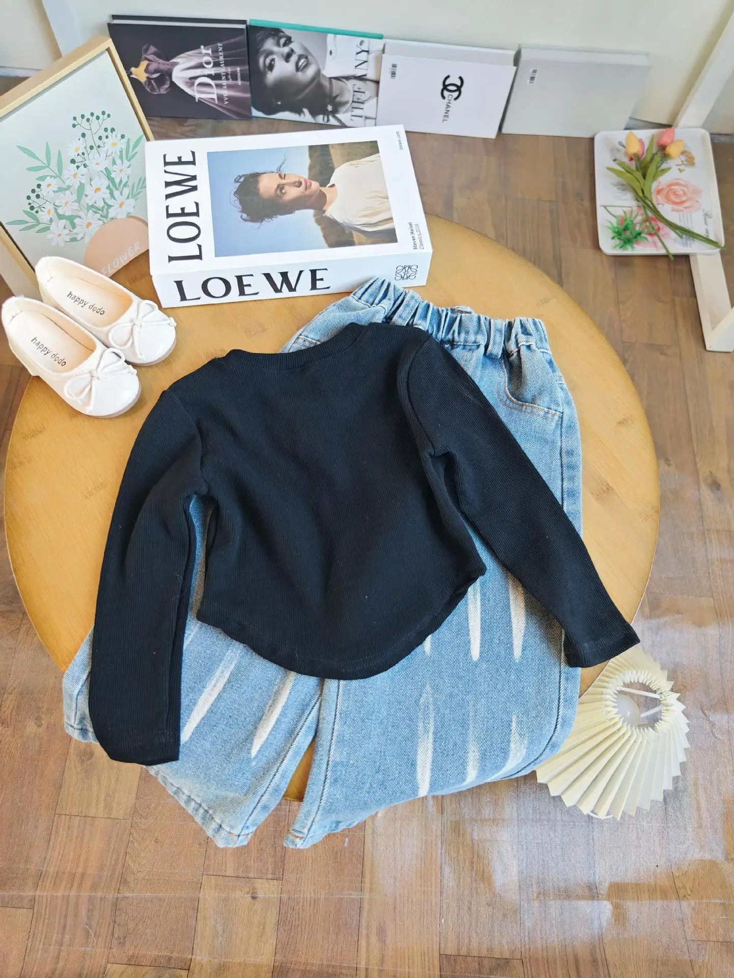 2024 Spring Autumn Korean Girls Suit Black Long Sleeve Irregular Tops Denim Loose Trousers Two Piece Kids Clothes Casual