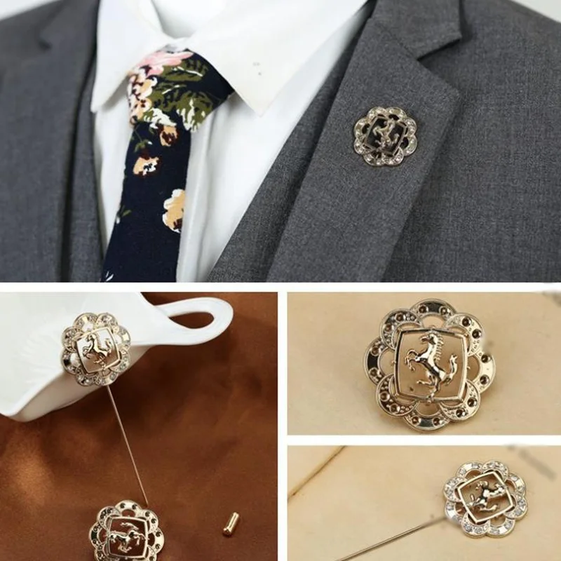 fashion handmade gold horse flower alloy brooch lapel pin for mens suits