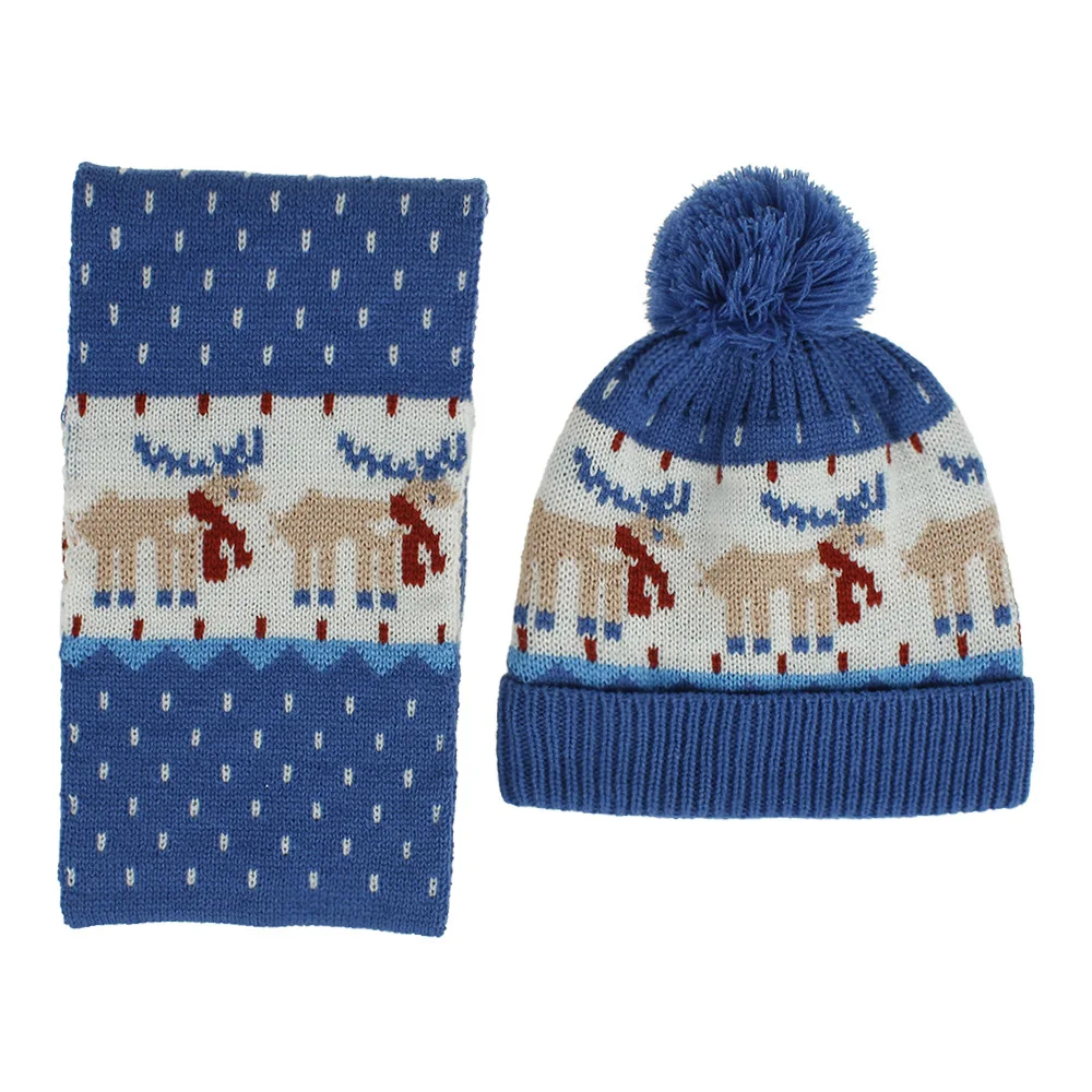 Children Boys and Girls Winter Warm Hat and Scarf Suit Kids Carton Jacquard Pom Pom Beanie and Scarf Set