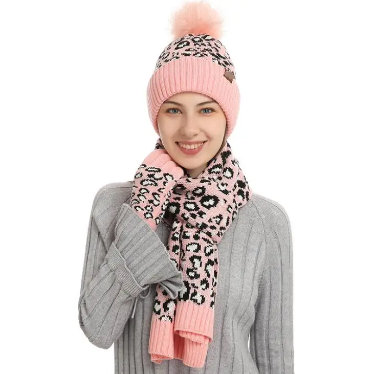 Customized Leopard 3 Piece Women Crochet Pompom Beanie  Scarf  Touch Screen Mittens Winter Knitted Scarf Gloves Beanies Sets