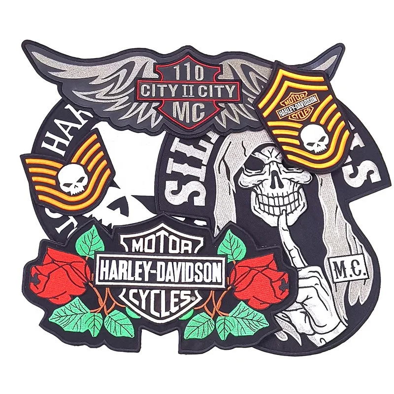Hot custom embroidery biker motorcycle skull patches, custom large size vest  jackets patches