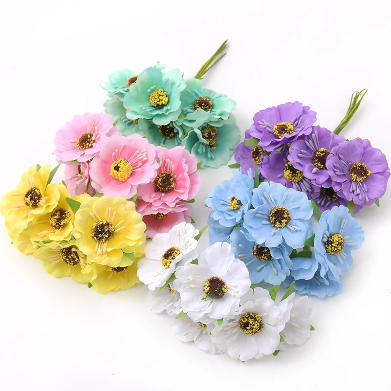1 bunch/6PCS 4cm Mini Poppy Bouquet Silk Artificial Flower Wedding Favor Box Rose Fake Flowers For DIY Scrapbooking
