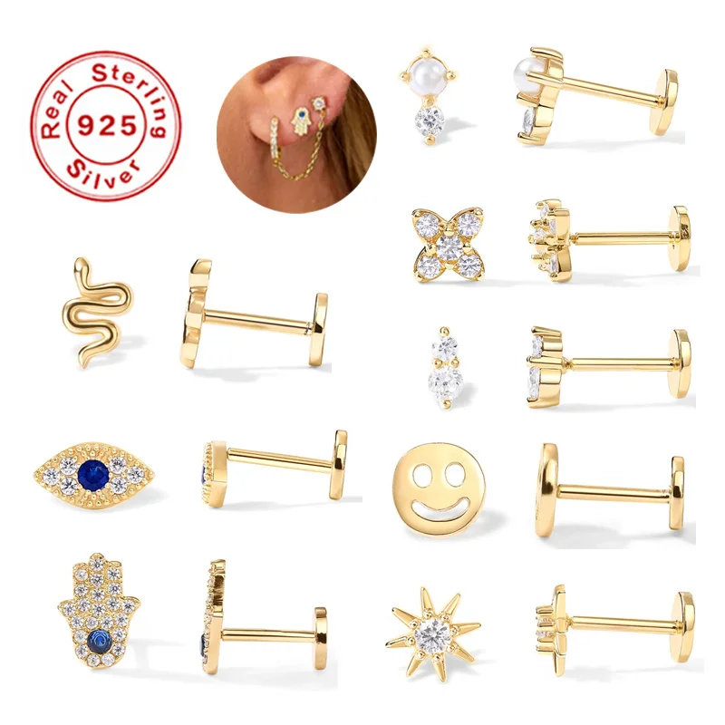 S925 Sterling silver diamond unique dainty threaded causal piercing cartilage jewelry fashion studs earrings for women ladies