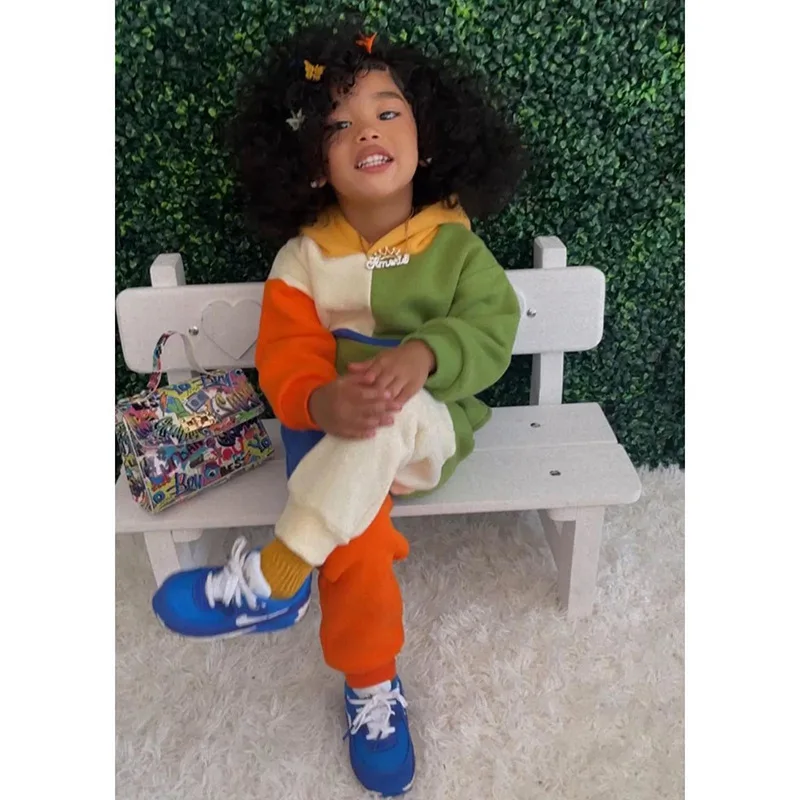 Wholesale autumn new fashion color patchwork children long sleeve hoodie set