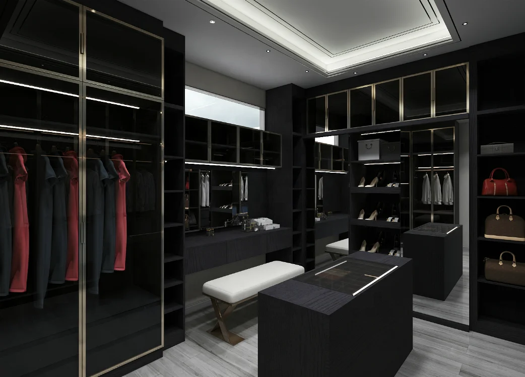 Customized Modern Tempered Glass Sliding Door Bedroom Closet Wardrobes with LED Lights