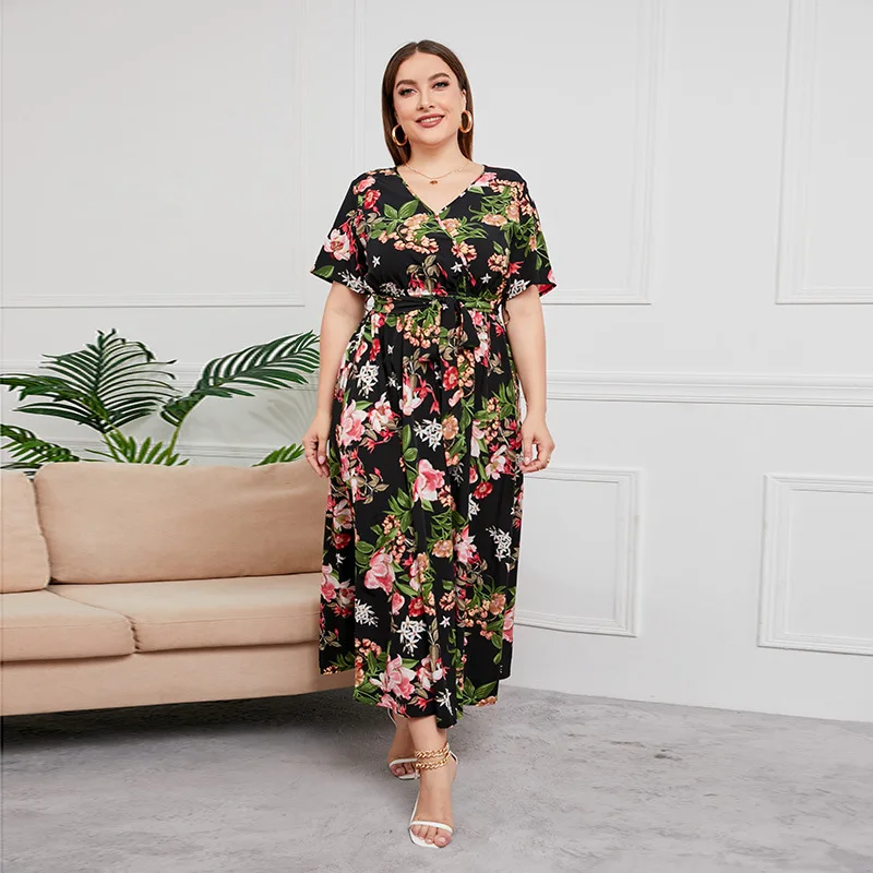 D&M Chiffon Dresses Print Pattern Maxi Long Plus Size Casual Dresses Short Floral Adjustable Belt Digital Printing,knitted