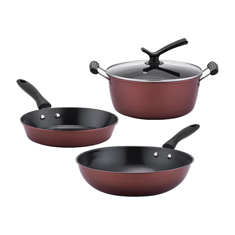 Trending Products 2021 New Arrivals Chinese Red 3 Pcs Non-stick Pan Cast Iron Cookware Sets for Home Kitchen