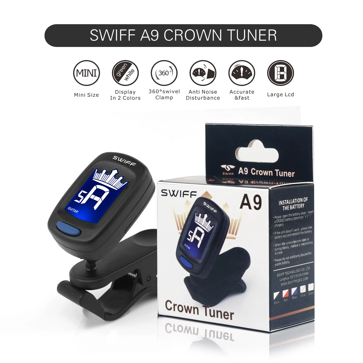 Guitar Tuner Clip-On Tuner Digital Electronic Tuner Acoustic with LCD Display for Guitar, Bass, Violin, Ukulele
