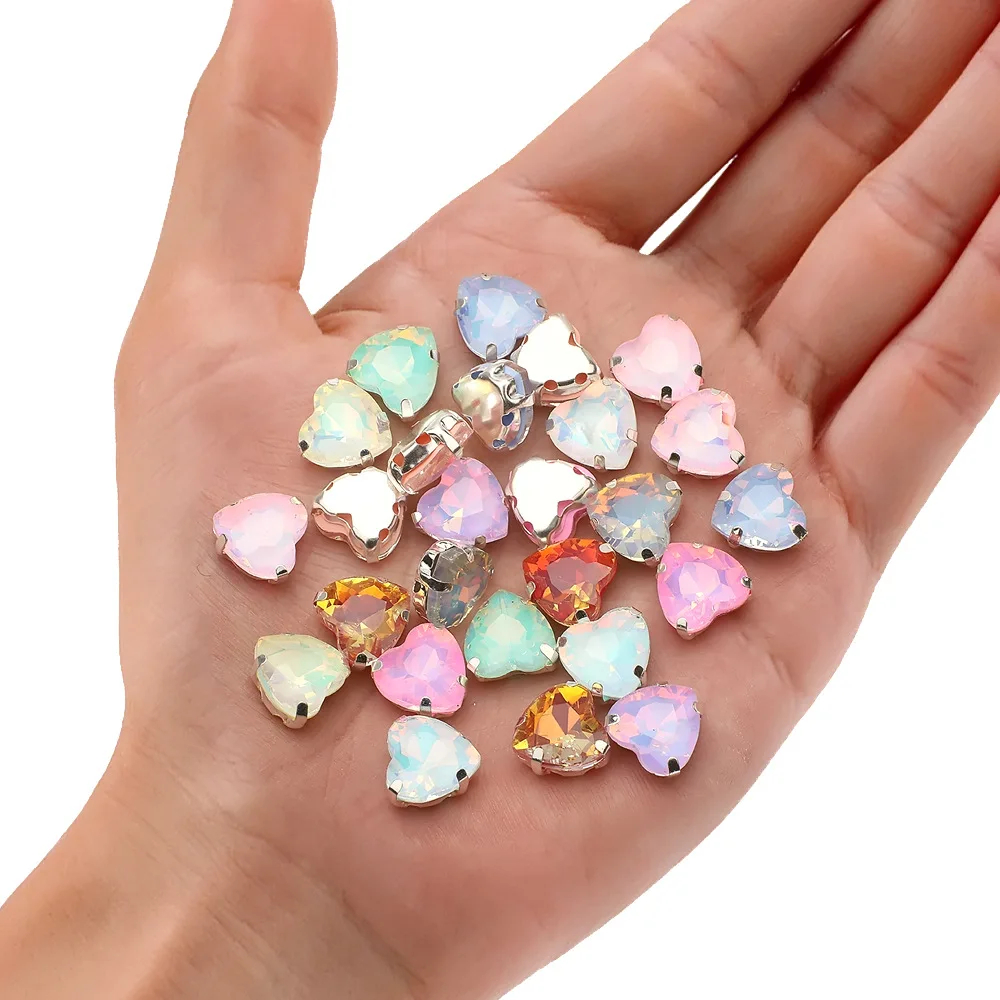 SZ Wholesale 10mm Heart Glass Sew On Rhinestones Mocha Opal AB Crystal Perforate Setting Claw Strass For Clothe Wedding Shoes