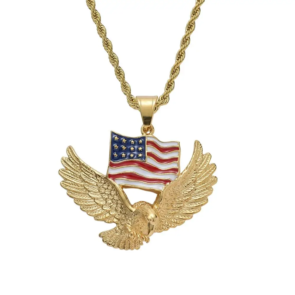 
Hiphop Golden Stainless Steel USA Flag Patriotic American Flag Eagle Pendant Necklace with 3MM Twist Rope Chain 24inches 