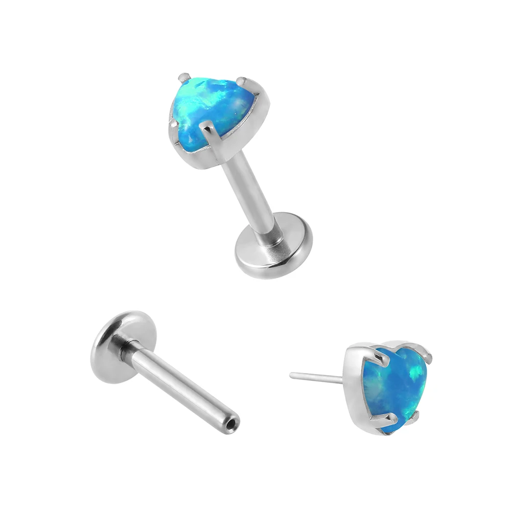 Superstar Custom fashion ASTM F136 titanium prong setting heart-shaped opal lip stud body piercing jewelry threadless labret