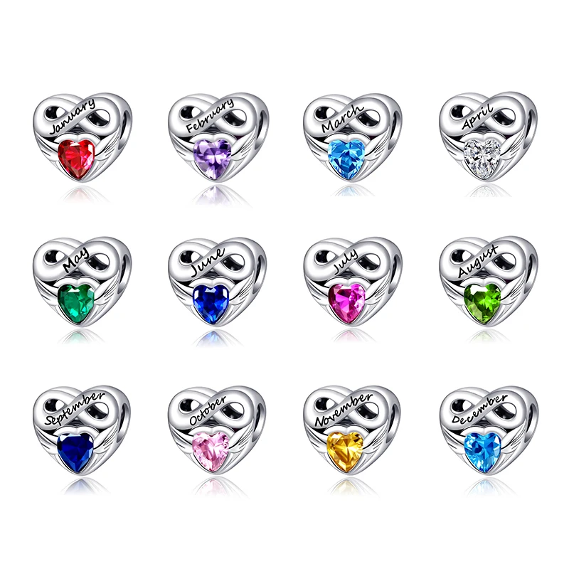 Original Birthstone Heart Charms Compatible With Bracelet  pandora Genuine 925 Sterling Silver For Women Jewelry DIY Making