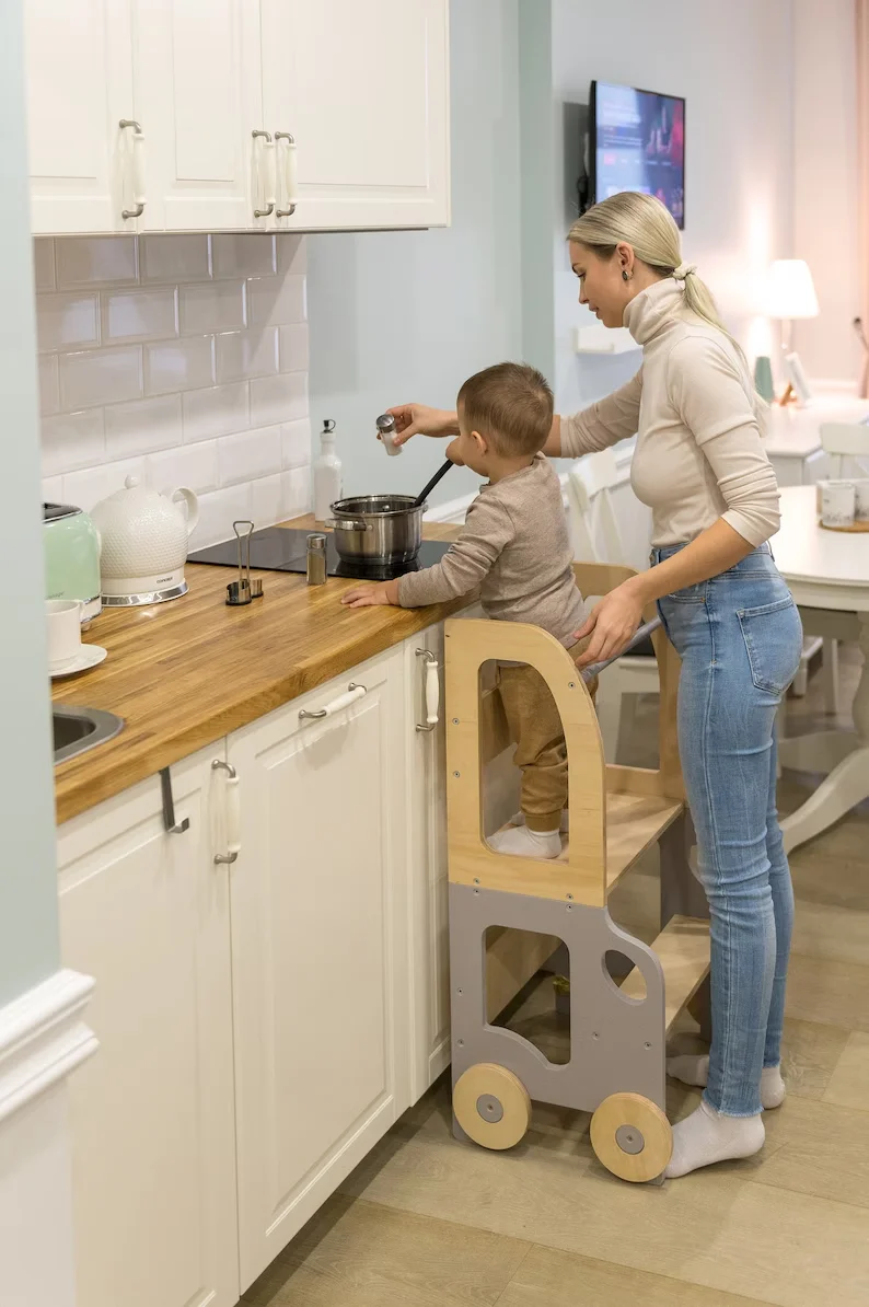Kids Learning Tower Toddler Kitchen Stool Helper 2-in-1 Toddler Kitchen Step Stool