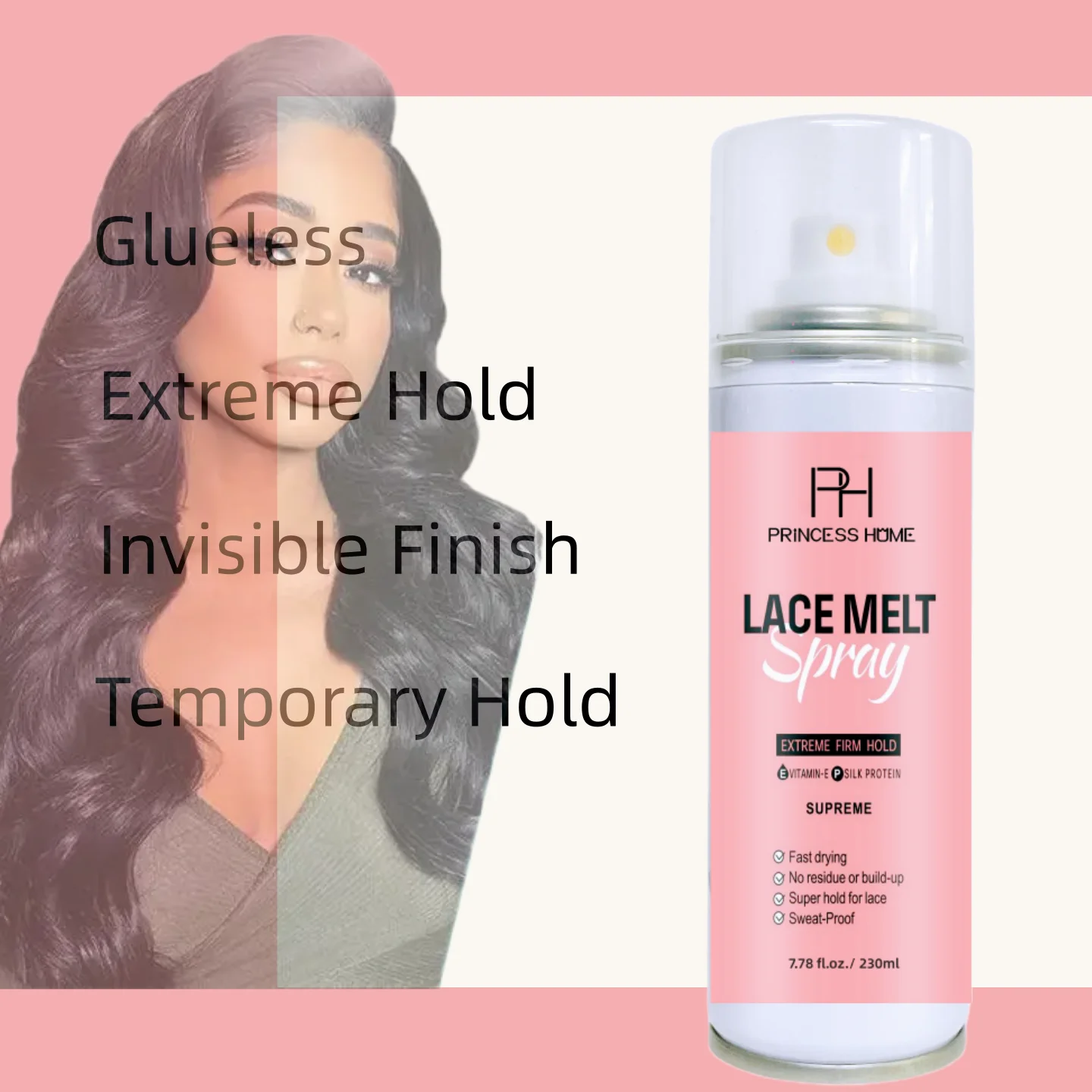 230ml Aerosol Tank Pink Bottles Private Label Strong Hold Waterproof Lace Glue Wig Adhesive Melting Spray