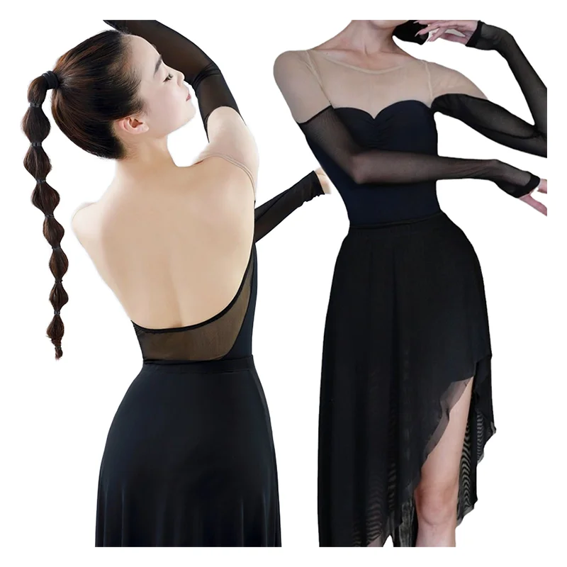 New Style Women Fashion Long Sleeve Black Ballet Gymnastic Leotards Blacking Color Training Performance Dance Wear Costume