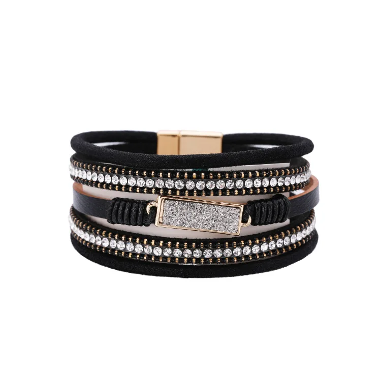 2021 New Fashion Bling Rhinestone PU Leather Bracelet Boho Handmade Multi Layer Rectangle Crystal Stone