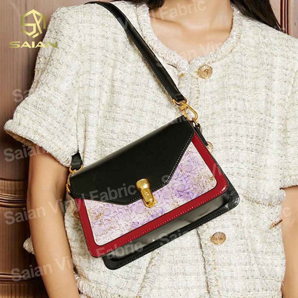 1.2MM Metallic Gold Foil Pattern Prints PVC Synthetic Leather Woven Textured Embossed Artificial Fabric Leather For Bags