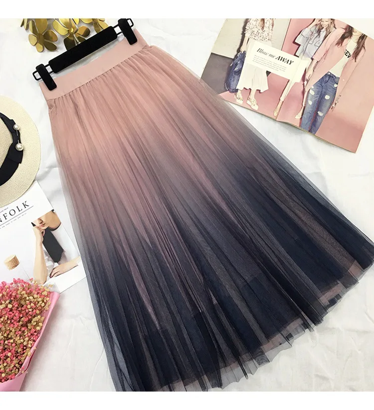 Factory OEM ODM Long Tulle Skirt Women Summer New Gradient Korean Elegant High Waist A-Line Pleated Midi Dress 2022 Midi Skirt