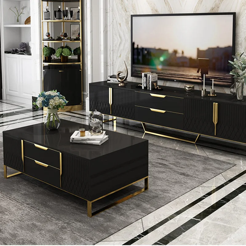 Modern minimalist Nordic black paint light wooden TV stand cabinet living room rectangle coffee table set with storage furniture