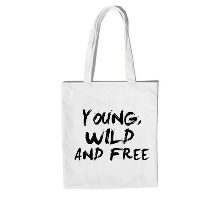 Wholesale Eco Black White Young Wild and Free Print Cotton Canvas Tote Bag for Women Girls