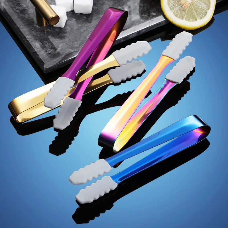 Custom Logo Titanium Plated Color Kitchen Bar Tools 13.3cm 304 Stainless Steel Ice Bucket Clamp Clip Tongs With Silicone Head