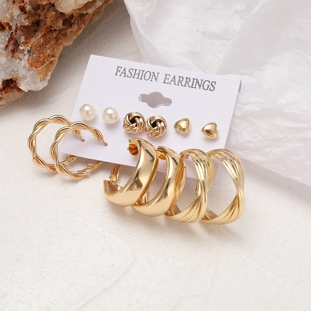 European and American cross-border 6-piece creative pearl studded diamond gold circle earring set