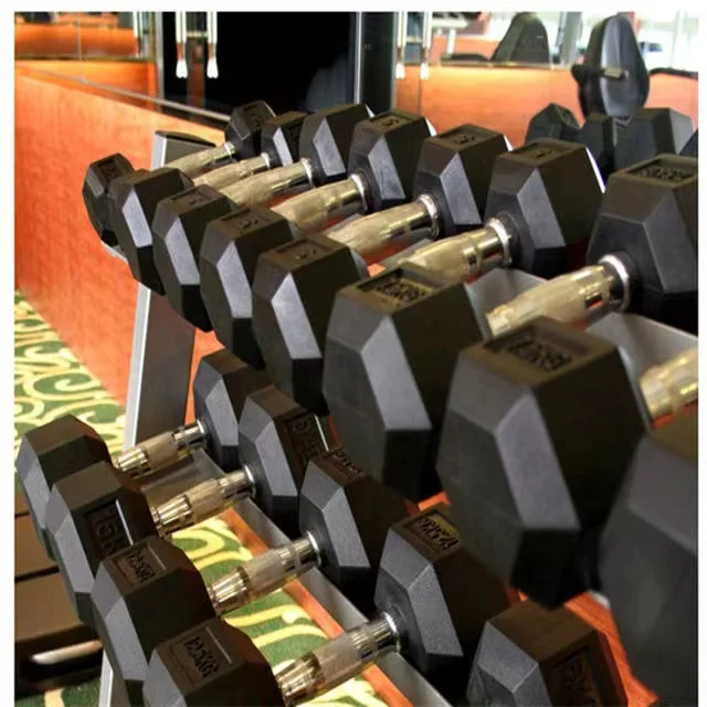 Factory direct selling rubber gym dumbbell set with rack 10kg 20kg 30kg rubber hex dumbbells