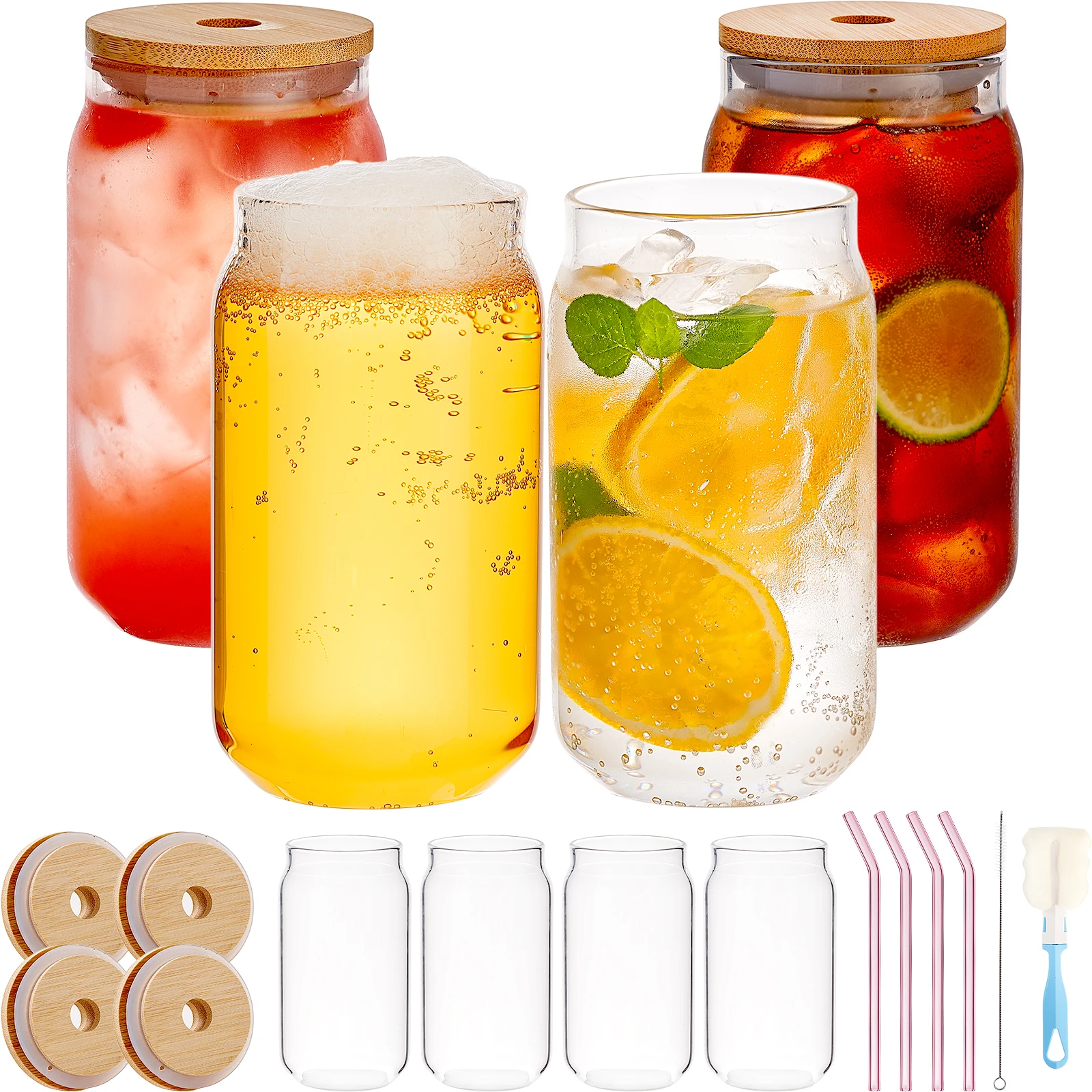 2024 Best Selling Beer Can Shaped Glass Tumbler Beer Can Glass Cup Jar Glass Bottle Beer Juice Drinks Ring Pull Caps