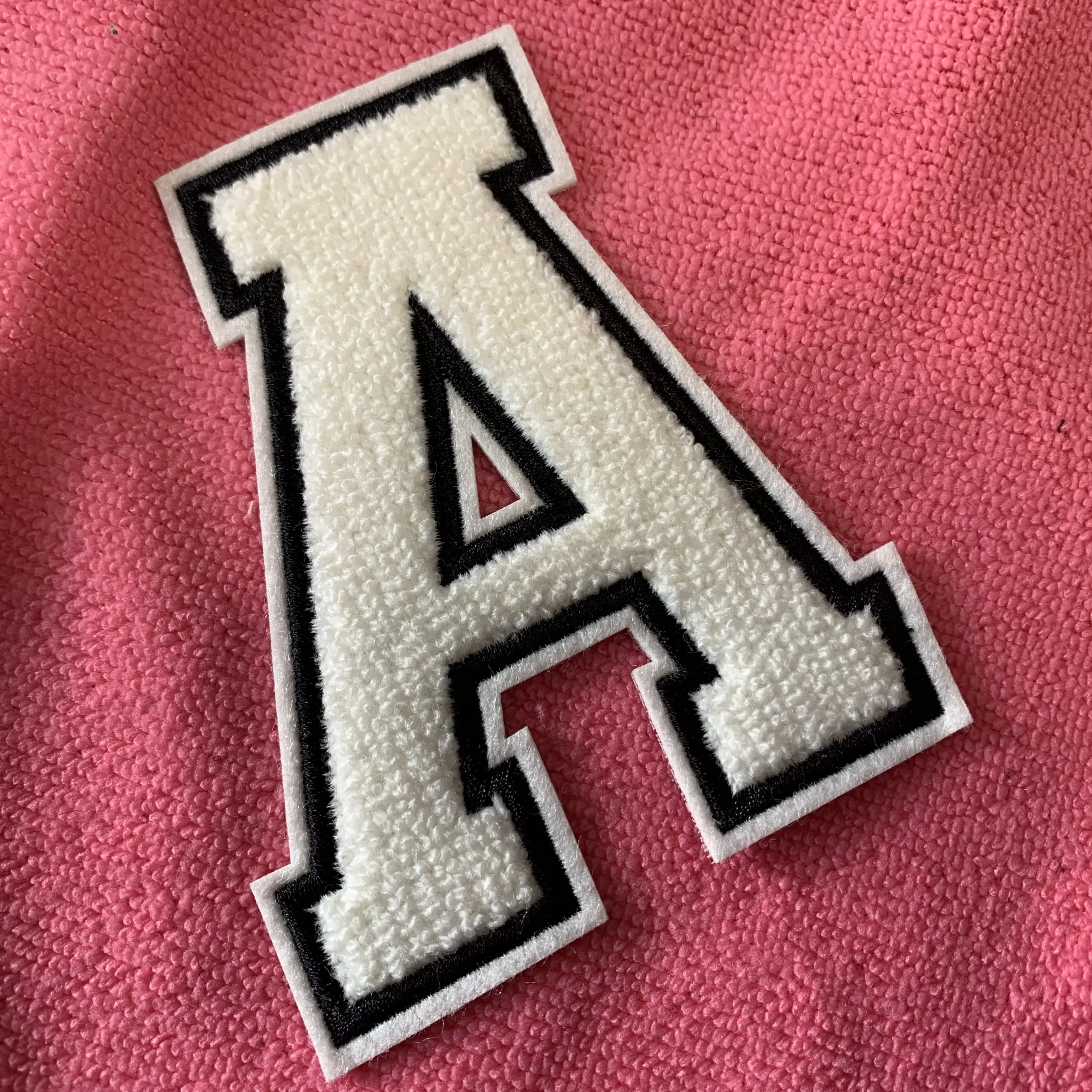 Fast delivery brand logo iron on chenille embroidery patch,laser cut fluffy towel embroidery logo emblem for hoodies