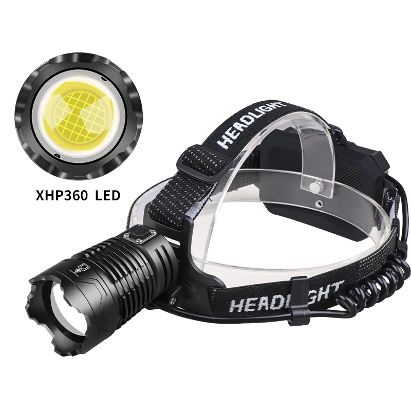 Налобный фонарь XHP360 3000 лм 3*18650 перезаряжаемый рыболовный с регулировкой луча type-c + usb 500 м водонепроницаемый для