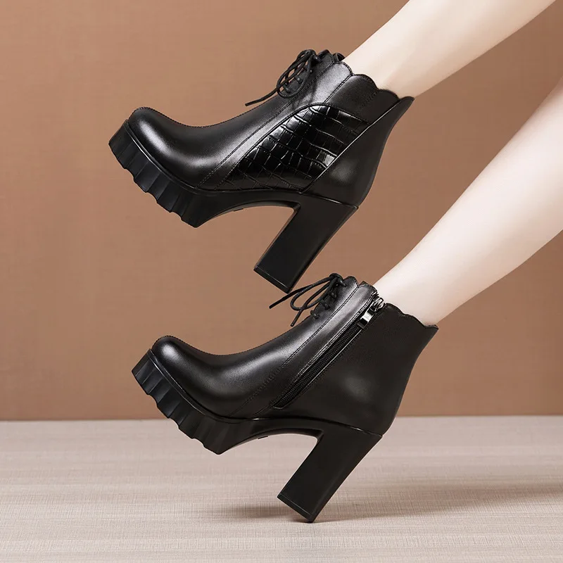Xuanhui new arrivals 2024 winter autumn height increasing black leather stiletto ankle boots for women