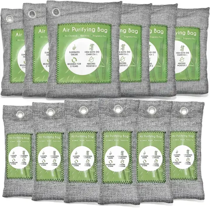 12 Pack Bamboo Air Purifying Bag Activated Charcoal Bags Odor Absorber Natural Car Air Freshener Shoe Deodorizer (6x50g,6x150g)