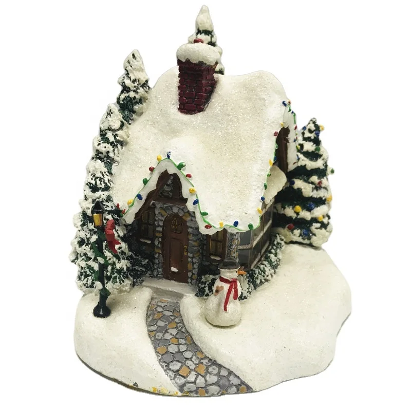 Indoor Gift Handicraft Polyresin Snow Houses Decoration Mini LED Music light house Christmas village