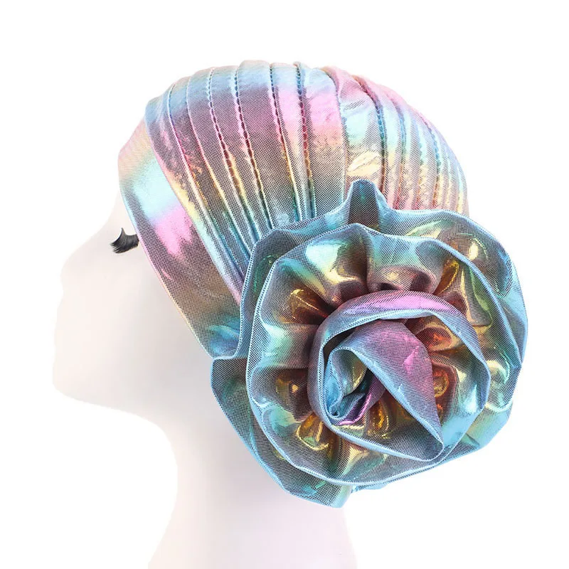 Fashion African Women Laser Hair Turbans Nigerian Female Flower Party Wedding Holographic Hair Turban